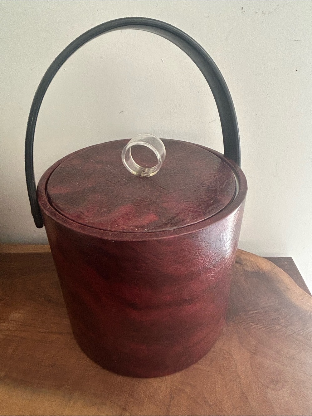Vintage Round Leather Ice Bucket with Handle Lid Burgundy with Barware Tools MCM